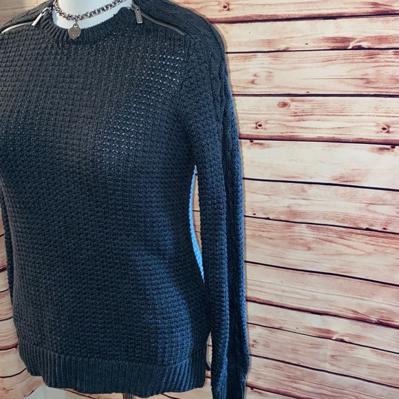 Michael Kors Charcoal Zipper Shoulder Crew Sweater - Picture 3 of 7